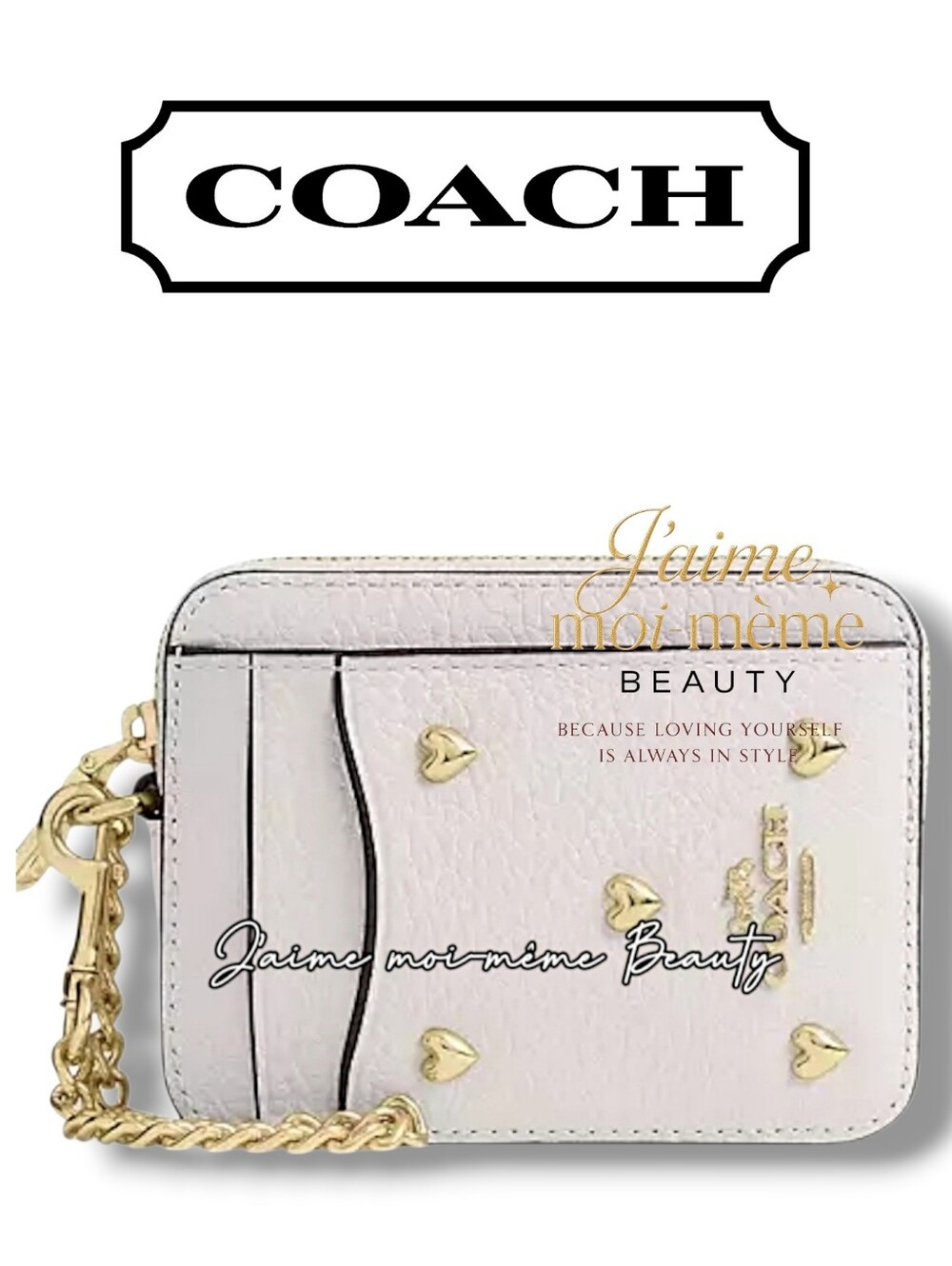 Coach Valentine's 2026 Chalk Cream Gold Heart Studded Card Case Wallet